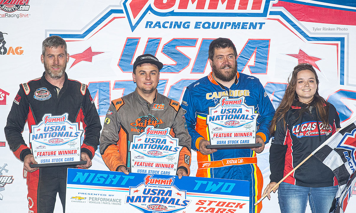 Josh Cain of Rio Rancho (blue driving suit) won the first of three Medieval USRA Stock Car main events.